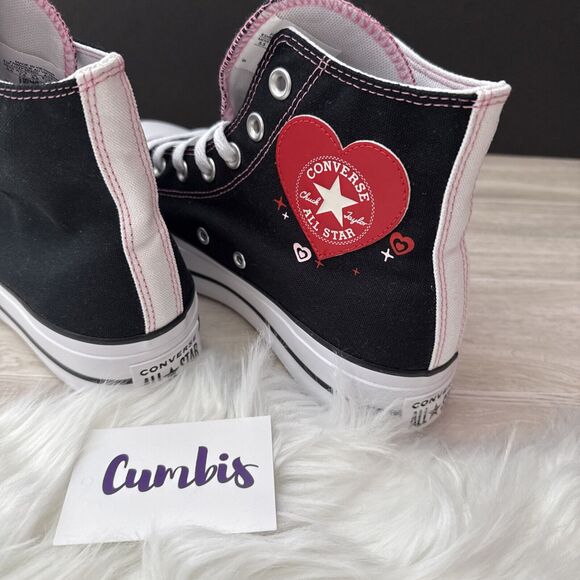Converse by YOU Chuck Taylor Platform Lift Hi Women Shoe Sz 7.5 Black/Red Hearts - Picture 5 of 9